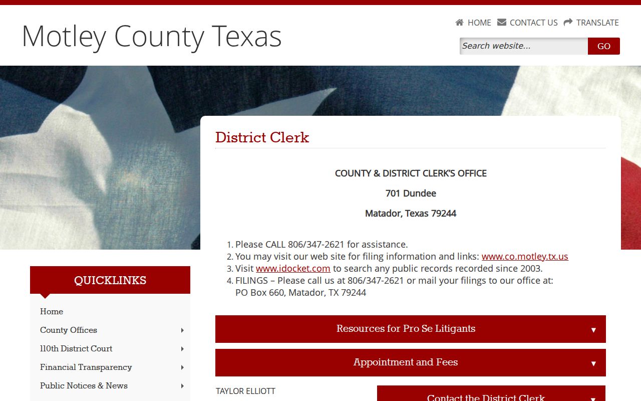 Motley County arrest warrant district clerk and court contact information
