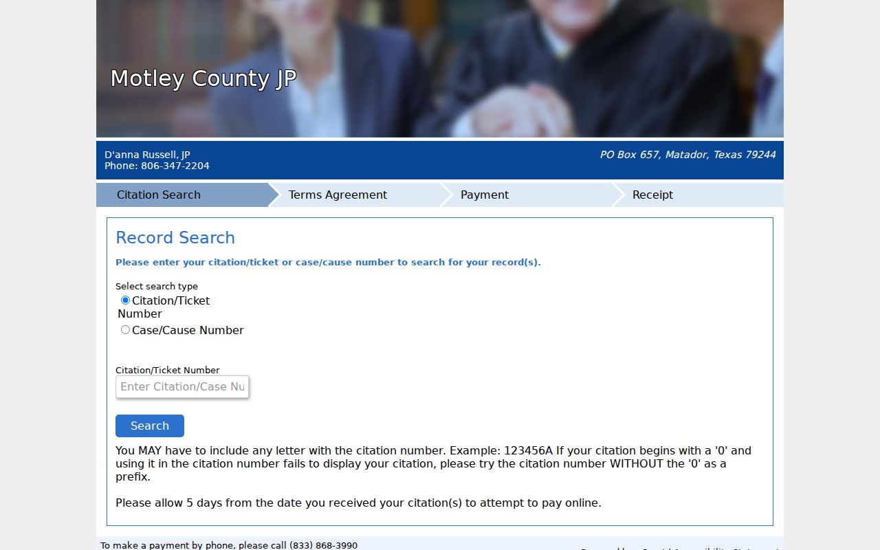Motley County warrant search citation and case number fields in nCourt