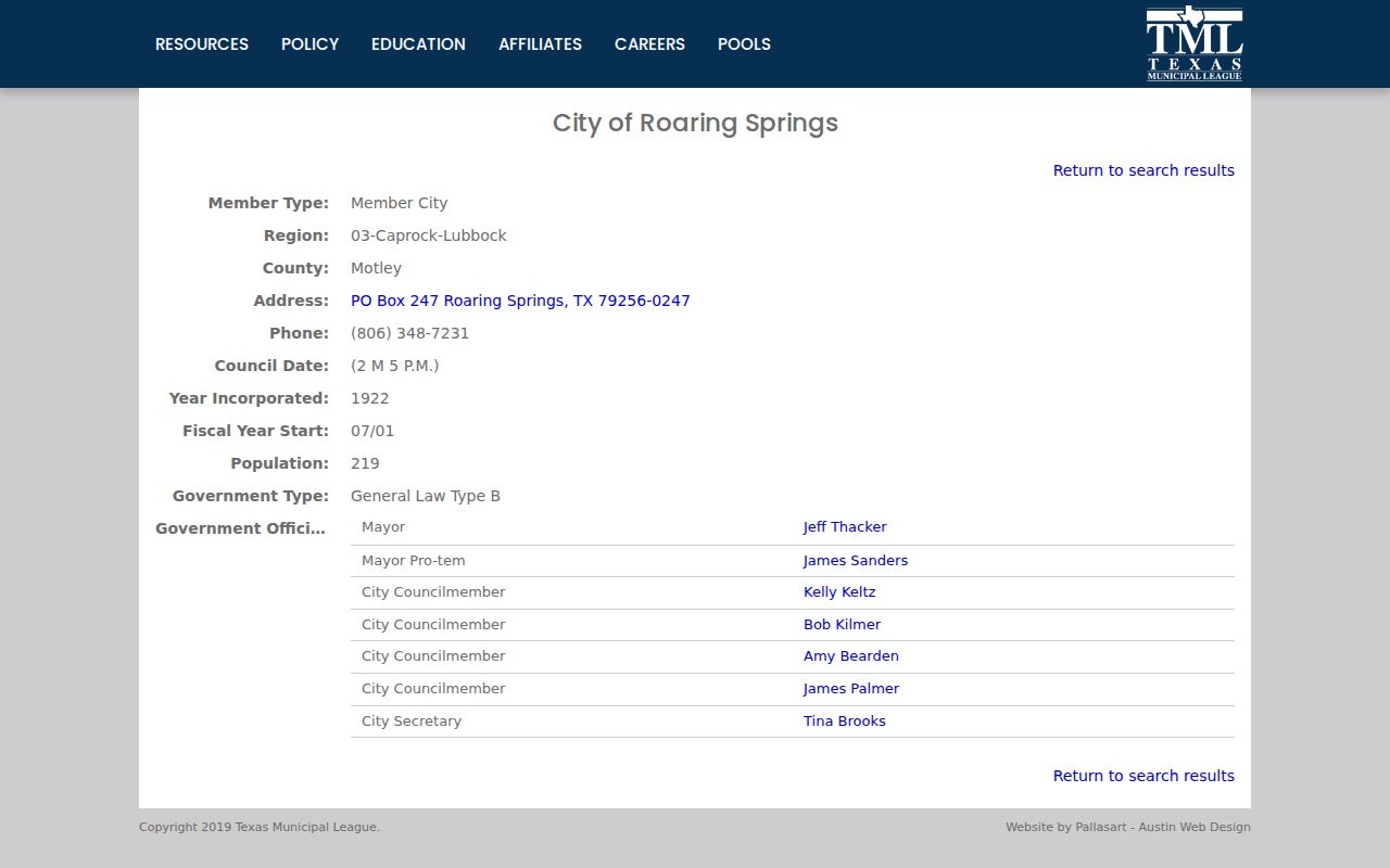 Roaring Springs warrant records municipal directory contact page
