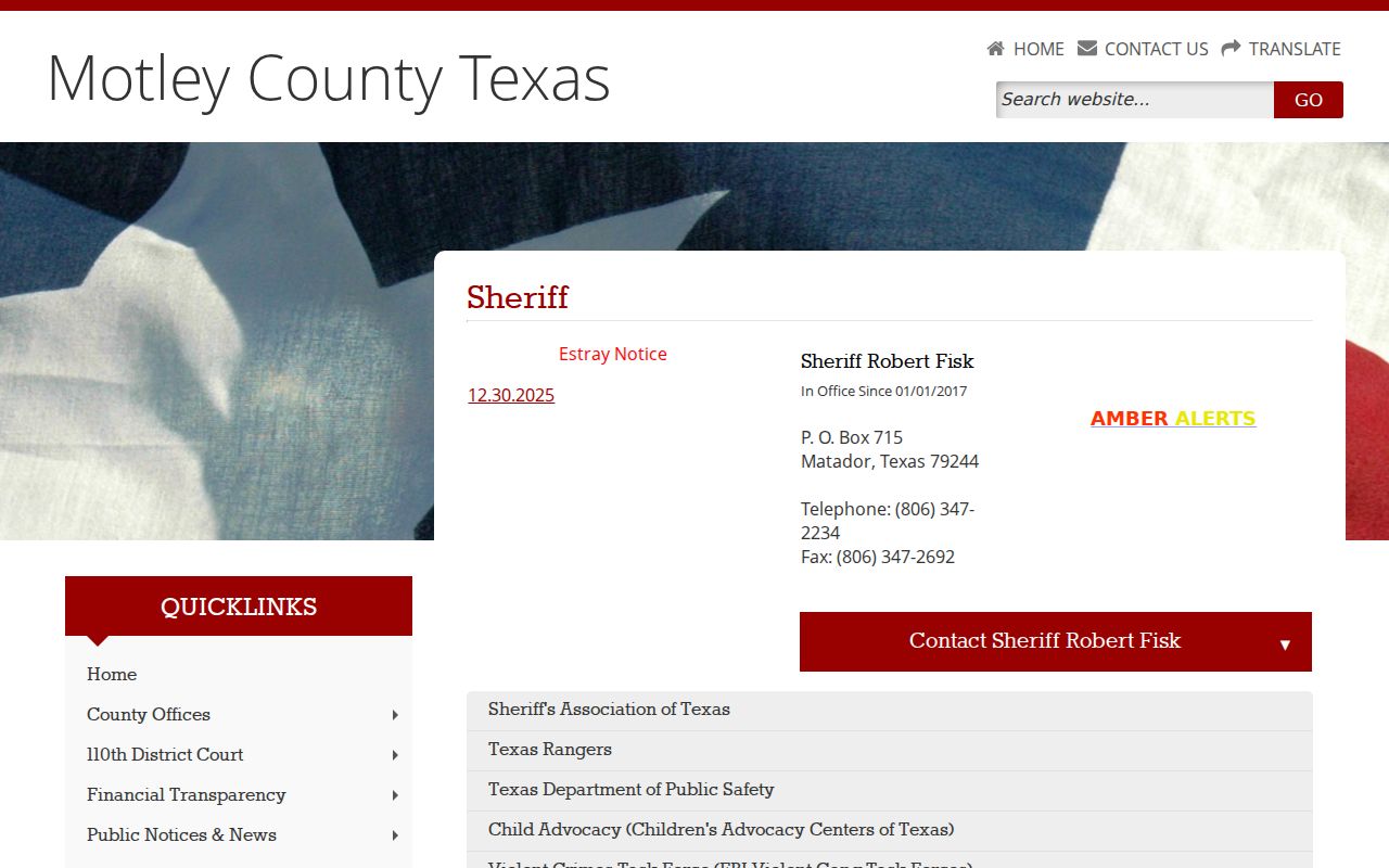 Motley County active warrant contact information on the sheriff page